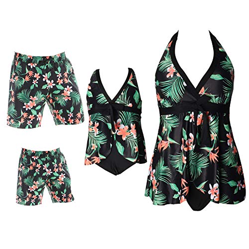 Lazeny Mutter und Tochter Badeanzug Eltern-Kind Familien Bademode Vater Sohn Badehose Schwimmanzug Damen Mädchen Bikini Set, Off Schulter Tops+Hohe Taille unten Bademode (Grün 1,Mom Large) Cover