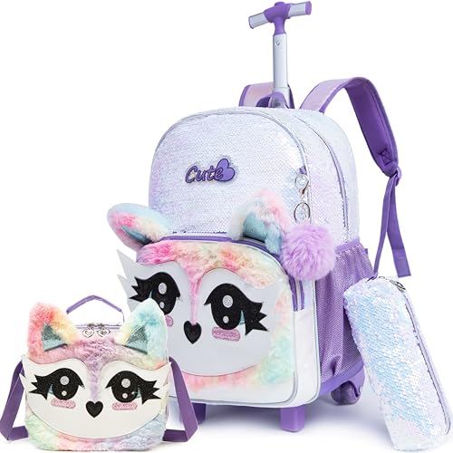 Meetbelify Rolling Backpack for Girls Backpacks with Wheels for Elementary School Students Kids 3 in 1 Travel Luggage Suitcase with Lunch Box Pencil Case for Girls Age 8-10 Cute Panda