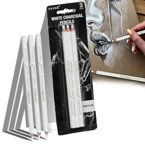 White Charcoal Pencils Drawing Set - 3-Pack Sketch Highlight Pencils For Artists