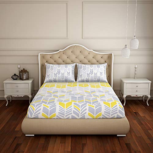 Image of Spaces Atrium Plus 210 TC 100% Cotton Queen Size Fitted Double Bedsheet with 2 Pillow Covers (Geometric, 60 inch X 78 inch Inches ) - Yellow