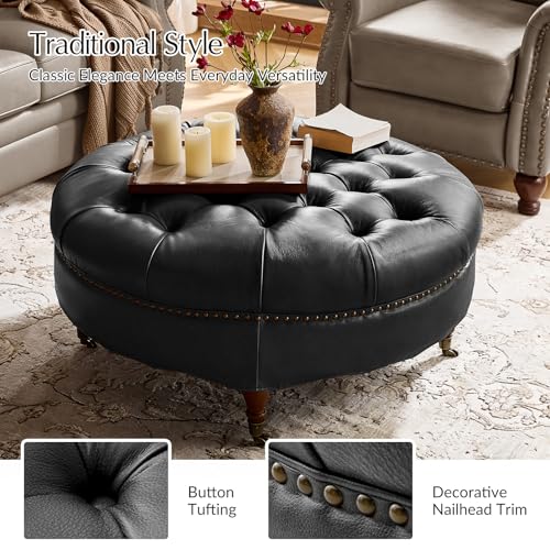 HULALA HOME Genuine Leather Round Coffee Table
