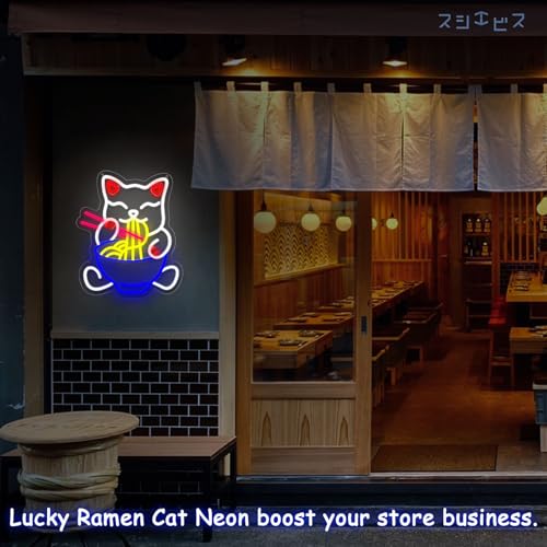 Image of Fortune Cat Ramen Neon Sign, 15.3 inchx13 inchJapanese Lucky Cat Noodle LED Light Signs for Ramen Restaurant, Dimmable Anime Ramen Cat Neon Lights up Living Room, Wall Decor, Home Bar, Kitchen Restaurant Dining