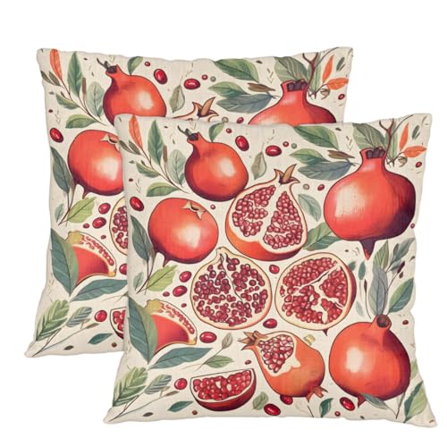 Aglebo Watercolour Pomegranates Leaves Linen Throw Pillow Covers 22X22 Inch