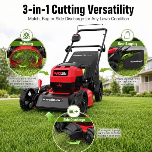 Image of PowerSmart 40V Brushless Cordless 17 inch 3-in-1 Push Lawn Mower & Leaf Blower Combo, 6-Position Height Adjustment & 11.8 Gal Bag, 115 MPH 465 CFM 2 Mode Blower, Battery Powered Yard Tools Set