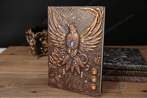 Image of 3D Phoenix Copper DND Vintage Leather Journal Writing Notebook with 200 Pages A5 Journal Diary,Antique Handmade Leather Diary,Travel Diary&Notebooks to Write in,Diary Gift for Men Women