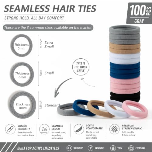 Image of Bessrung 100PCS Grey Blue Seamless Elastic Hair Ties No Damage for Women | Nylon Hair Elastics, Snag-Free Hair Bands for Thick Thin Hair, Strong All-Day Hold, Hair Accessories for Everyday Use