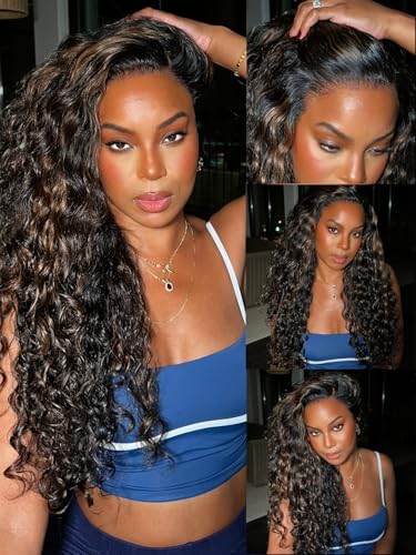 KLAIYI Golden Brown Water Wave Bye Knots Peruca sem cola de cabel...