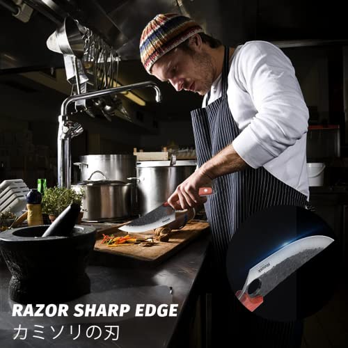 Huusk Viking Knives Hand Forged Boning Knife Full Tang Japanese Chef Knife with Sheath Butcher Meat Cleaver Japan Kitchen Knives for Home, Outdoor, Camping