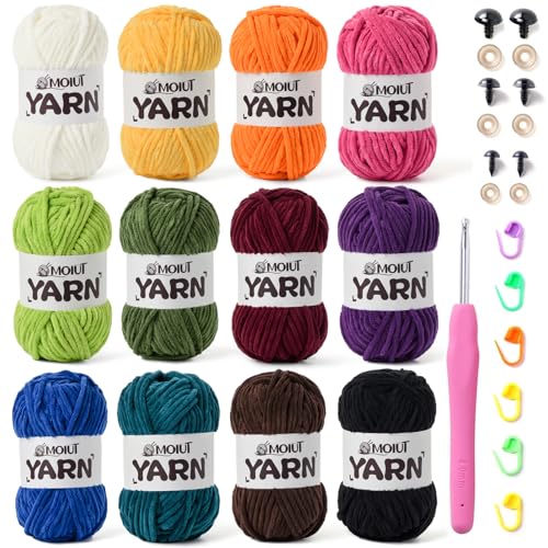 Image of 12 Pack Velvet Yarn for Knitting, Chunky Chenille Yarn for Crocheting, Baby Yarn for Crocheting Soft Blanket, Super Bulky 42.3oz(1049yds), Multicolor Amigurumi Yarns Set A