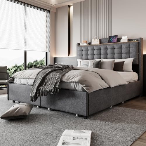 Łóżko tapicerowane ze stolikiem nocnym, USB-C i dużą ilością miejsca do przechowywania | łóżko podwójne 140 x 200 cm, łącznie z 4 szufladami i stelażem | nowoczesna rama łóżka w kolorze lnu