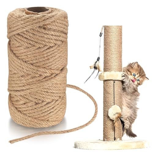 RhiVrillion Corde pour Arbre à Chat 6mm x 10m, Corde en Jute Naturelle pour Griffoir, Poteau de Rechange et DIY, Ficelle Maison Chat et Décoration Maison