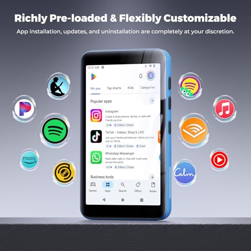 Image of 160GB innioasis G5 MP3 Player with Bluetooth and WiFi, MP3 Player with Spotify, Spotify Kids, Pandora, Play Store, Parental Manager App, Calm, 4 inch HD Full Touch Screen MP4 Music Player for Kids (Blue)