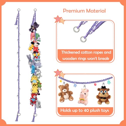 Image of 2PCS Stuffed Animals Storage Chain Organizers 80 inch Cotton Hanging Storage Chain with 2x 10 Led Light 40 Metal Clips Stuffed Animal Display Holder Chain for Nursery Play Room (Purple)