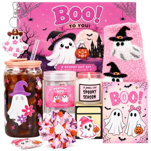 ONEHAUS Boo Basket Stuffers for Women 12 Pcs Halloween Gifts for Women Halloween Baskets Ghost Spooky Gifts Skull Gift Boo Gift Basket for Adult Girl Sister Girlfriend Wife with Glass Tumbler Pink