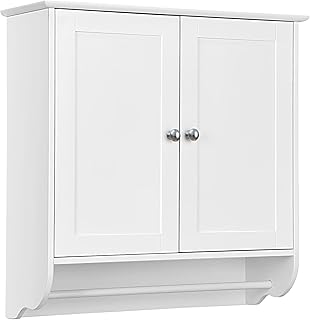 COSTWAY Bathroom Wall Cabinet, Wooden Storage Cupboard with 2 Doors, 3-Position Adjustable Shelf & Towel Bar, Wall Mounted Medicine Cabinet Unit for Kitchen, Living Room and Hallway, White