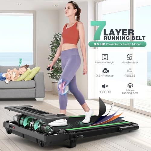 Image of Height-Adjustable Desk Treadmill with 15% Incline for Home Office Workout | 8 in 1 Folding Treadmill 450lbs Weight Capacity, 3.5HP Quiet Portable Treadmill with Desk, 3 Type Control, Ready to Use