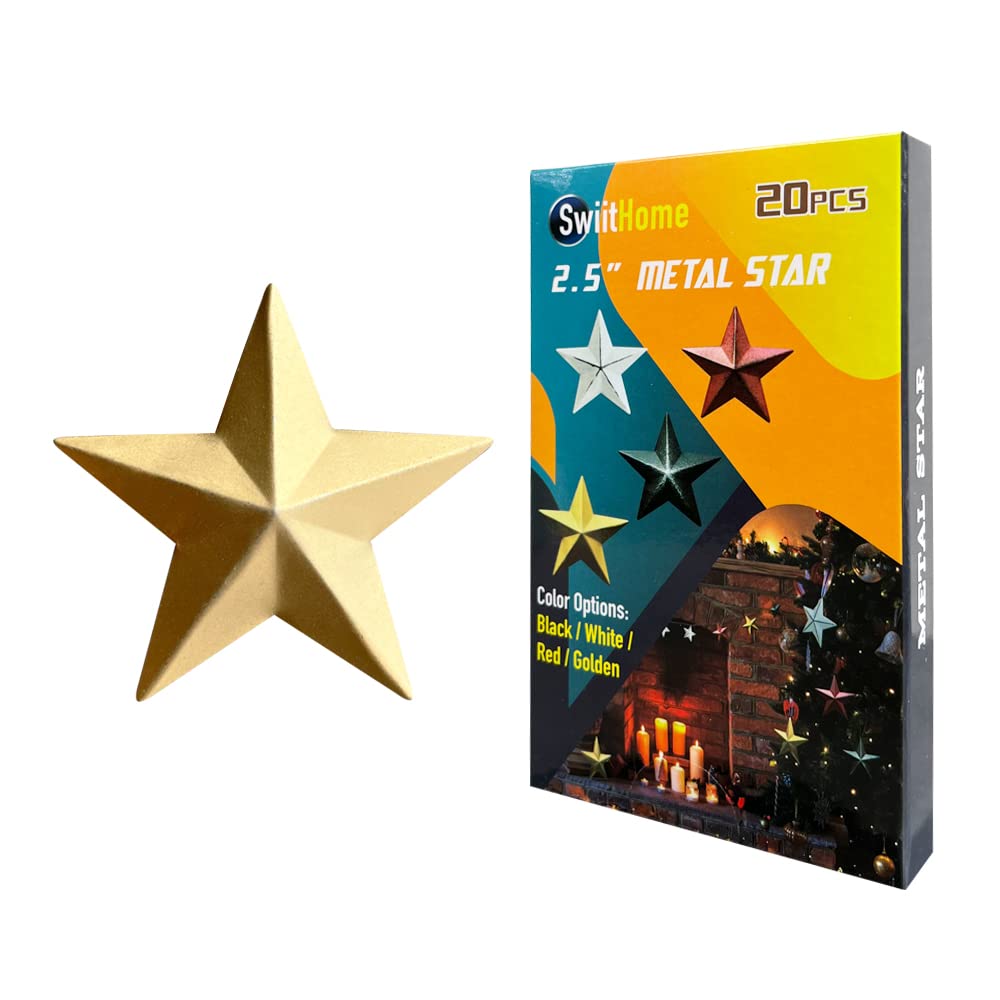 20 Pieces 2.5 Inch Metal Star, Barn Star for Home Decoration, Hanging Wall Decor for House, Iron Vintage Wall Arts and Crafts, Christmas Indoor Outdoor Decorations (Golden)