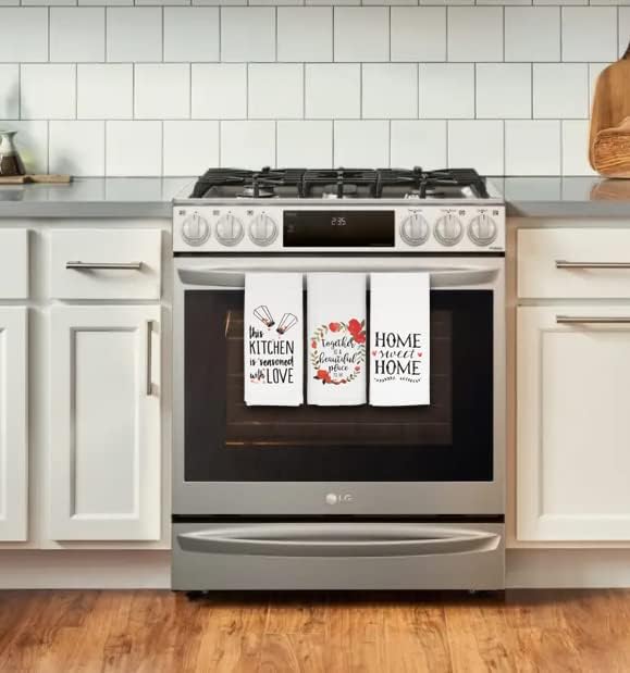 Miniatura 3 de fillURbasket Lindo juego de toallas de cocina divertidas con refranes inspiradores para el hogar, familia, amor y horneado, 5 toallas de saco de