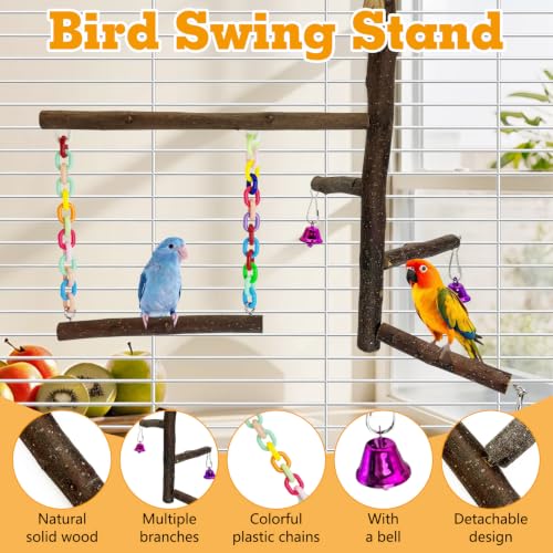Image of kathson Natural Bird Perch with Swing Toy 2 in 1 Wooden Perch Stand Multiple Branches Parrot Perch Parakeet Climbing Chewing Toy Cage Accessories for Conures Cockatiels Lovebirds Budgies Finches