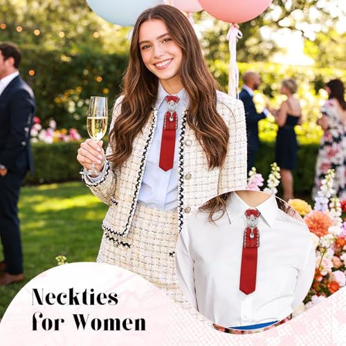 Image of Rhinestone Ties for Women, Skinny Neck Tie for Women Business Prom | Polyester Womens Tie, Tweed Splice Design, Rhinestone Ornament, Adjustable Strap, Elegant Retro Look, for Banquet Party Date