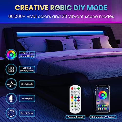 Image of SHA CERLIN King Size Bed Frame with Modern Upholstered LED Headboard, Black | Low Profile Sleigh Design, Adjustable Headboard, PU leather, Strong Wood Slats Support, No Box Spring Needed, Easy Assembly