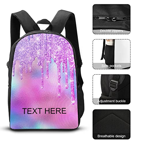 Custom Pink Glitter Pattern Backpack Personalized 3 Piece Set Backpack with Your Name Text School Bag Customized Bookbag with Lunch Box And Pencil Case Set for Boys Girls3