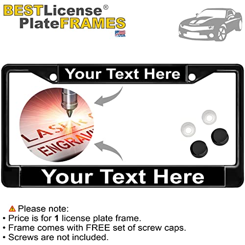 Image of Custom Personalized Black Powder-Coated Metal Laser Engraved Standard Size - Car /Automobile License Plate Frame with Free caps - Black /White Text (Qty: 1 Frame)