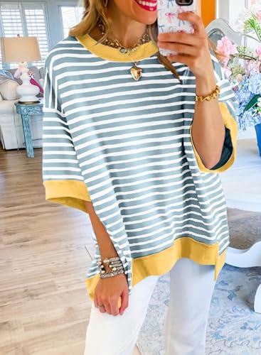 Image of SHEWIN Womens Tops Casual Short Sleeve Sweatshirt Crewneck Striped Shirt Pullover T Shirts Loose Blouses