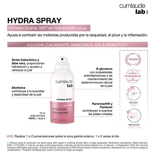 Cumlaude Lab - Hydra Spray, Bruma Hidratante Íntima 360º, con Ácido Hialurónico, Aloe Vera y Alantoína, Hidrata, Calma, Refresca y Protege la Zona Íntima Externa - 75 ml - imagen 5