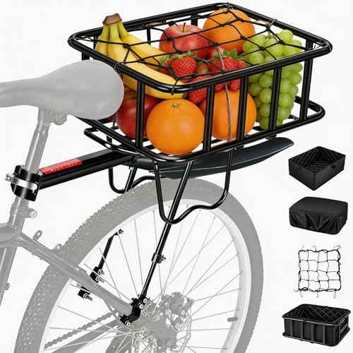 Rear Bike Rack with Basket & Mudguard,130 LB Capacity Removable Adjustable Bike Basket Rear,Aluminum Alloy Bike Cargo Rack for Most Bikes and E-Bike with Liner,Waterproof Cover,Cargo Net