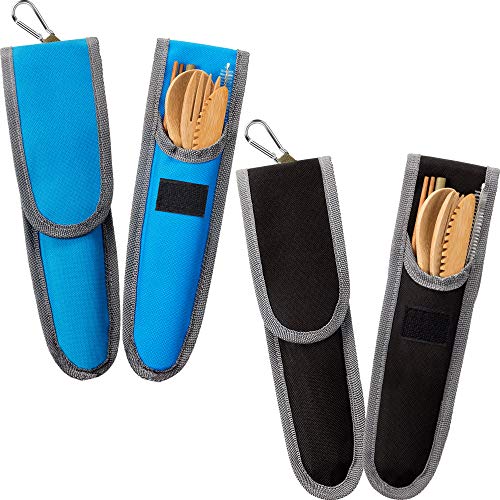 Norme 2 Sets Bamboo Travel Utensils Bamboo Cutlery Flatware Set Include Reusable Bamboo Fork, Knife, Spoon, Chopsticks, Straw, Cleaning Brush (Black, Blue)