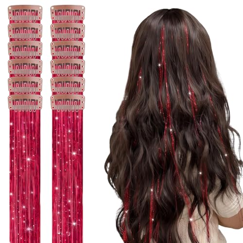 Collenatsy Lot de 12 extensions de cheveux à clips, 55 cm, multicolores, pailletées, pour cheveux, synthétiques, résistantes à la chaleur, rouges