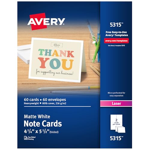 Avery Printable Note Cards with Envelopes, 4.25' x 5.5', White, 60...