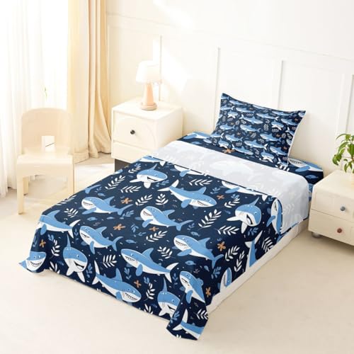 Image of jejeloiu Shark Bed Sheets Set Twin Size Ocean Decor Deep Pocket Fitted Sheet Sea Animal Bedding Sets Marine Life Soft Bed Set 3Pcs with 1 Pillow Cases