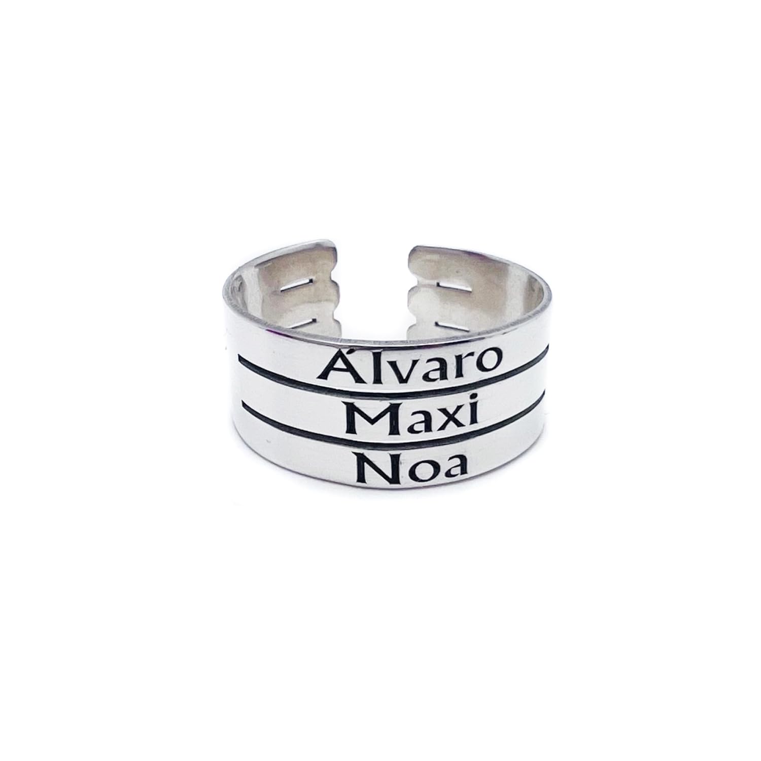 Anillo para Mujer con Nombres Personalizados – Ajustable, Plata 925/1000 – Regalo Día de la Madre Modelo triple Arial