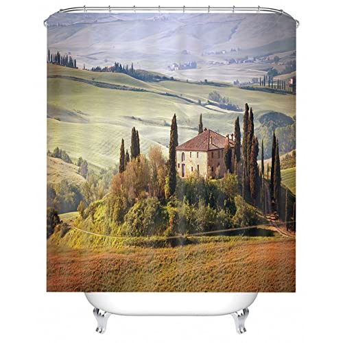 Aotiwe Rideau de Douche Retro, Les Accessoires de Salle de Bain Plaine Village Vert 90X180cm Facile à Nettoyer