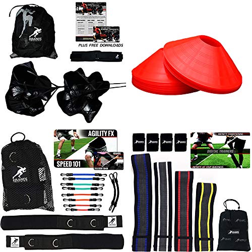 Kbands Athlete Variety Speed Package (Kbands Leg Bands, 10 Speed Agility Cones, 4 Infinity Mini Loop Hip Bands, and Dual Running Parachutes) (Advanced Athlete - Red, Orange, Green, Blue, and Black)