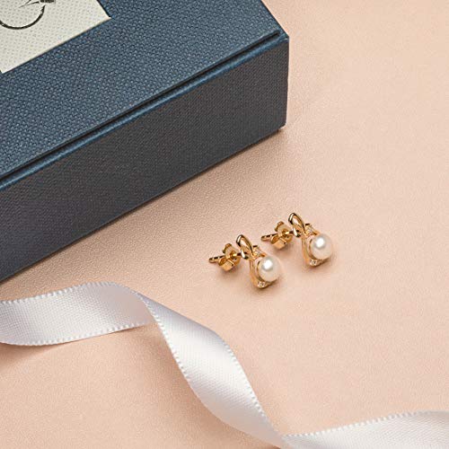 Peora Freshwater Cultured White Pearl Stud Earrings In 14K Yellow Gold, Round Button Shape, 5Mm Infinity Swirl Solitaire, Friction Backs #TOP5
