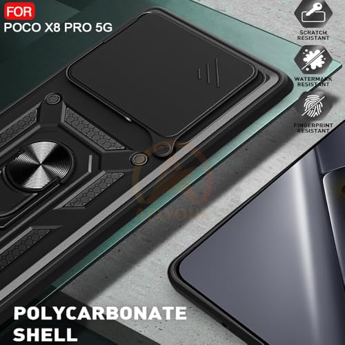 Image of Armor Bumper Back Cover Case for Poco X8 Pro 5G | Rotating Camera Cover, Ring Holder & Kickstand | Heavy Duty & 360 Degree Protection Poco X8 Pro 5G Back Cover (Black)