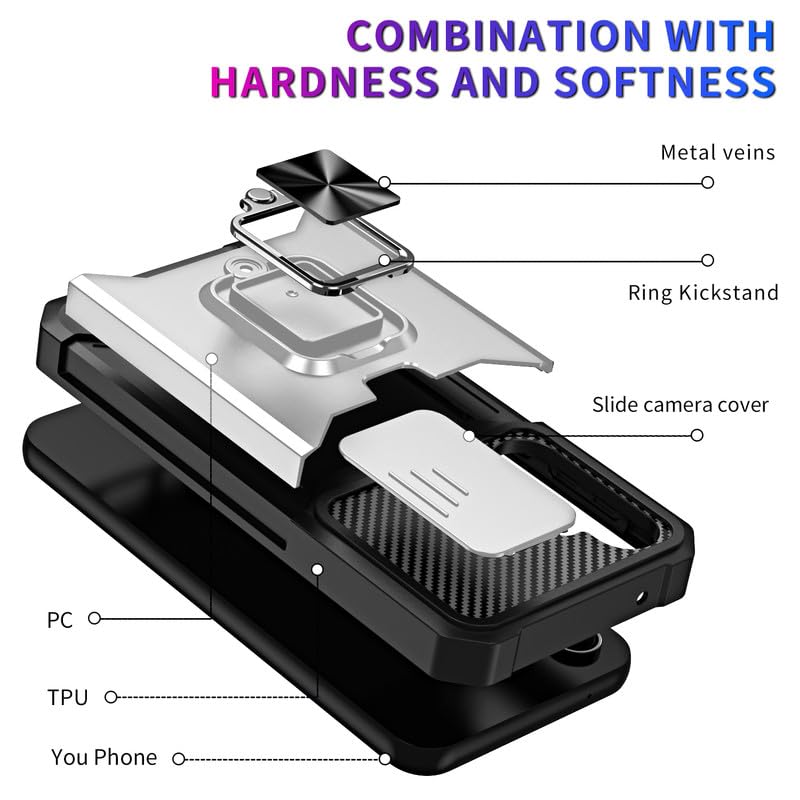 Image of LuxuryKase Shockproof Armor Case for Samsung Galaxy S25 Plus | Slide Camera Cover | Hidden Card Slot | Rotating Ring Kickstand | Magnetic Car Mount Support | Military Grade Protection - White