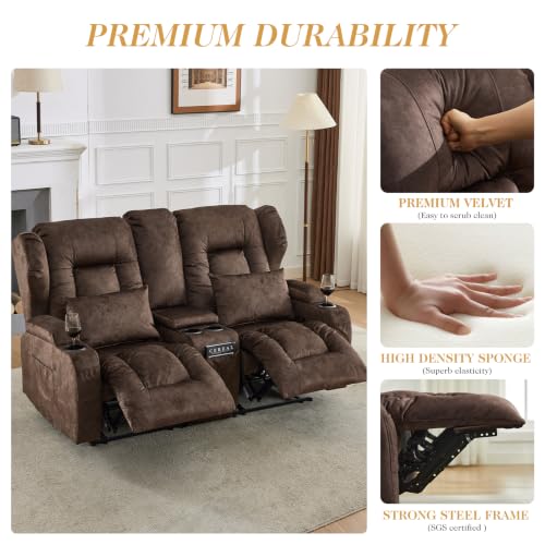 Image of Loveseat Recliner Sofa with Console,RV Wall Hugger Recliners for Small Spaces,Reclining Loveseat Sofa Recliner with Cup Holders /Lumbar Pillows,RV Furniture (Velvet Brown, 66 inch 2-Seater)