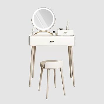 Makeup Vanity Desk, Makeup Table with Storage Box, Vanity Table Set with Rotatable Round Mirror, Stone Slab Countertop, Dressing Table with Cushioned Stool, 2 DrawersWhite,70cm/27.5in