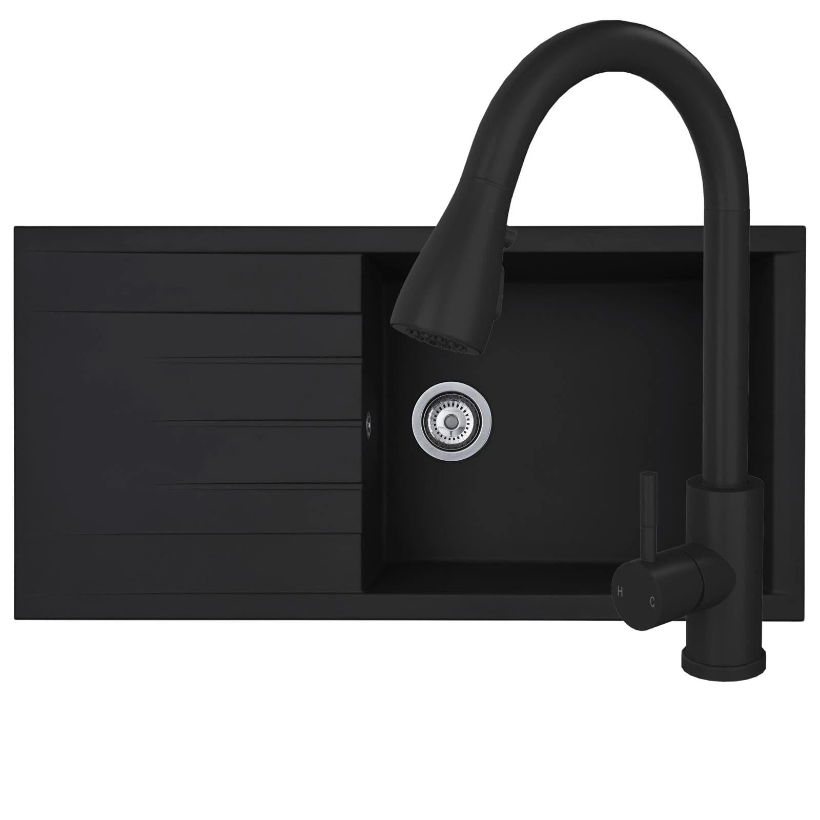 Liquida Black Cu10bl 1.0 Bowl Kitchen Sink With Kpo11mb Pull Out Tap
