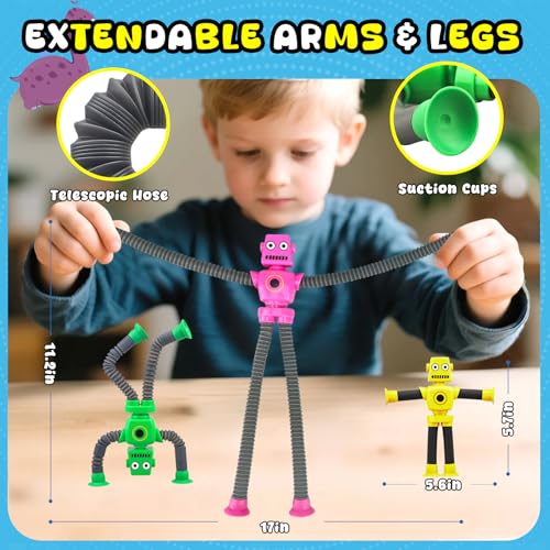 Image of Dilabnba 12 PCS Suction Cup Fidget Pop Tube Robot Sensory Toys - Transformable Telescopic Tube, Travel Toys for Kids Toddlers Stocking Stuffer Gift