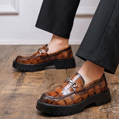 Image of Mens Patent Leather Slip-On Platform Dress Horsebit Loafer Low Heels Round Toe Non-Slip Penny Shoes for Formal Business Wedding