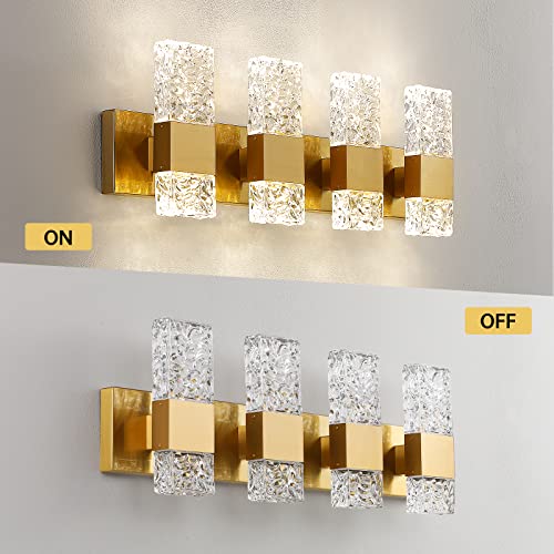 Image of Epinl Gold Bathroom Vanity Light Fixtures - Brushed Gold Vanity Light Bathroom Lighting Fixtures Over Mirror 40W Dimmable Crystal Wall Sconces 4 Light LED Modern Bathrooms Lights 4000K