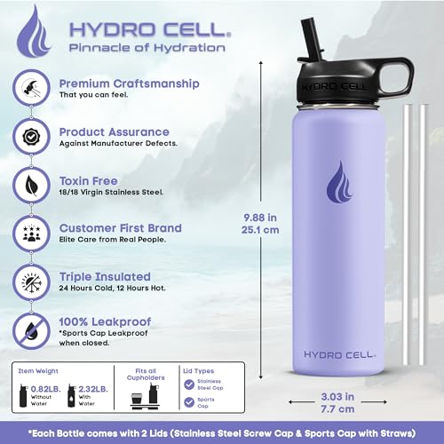 Image of HYDRO CELL Stainless Steel Insulated Water Bottle with Straw - For Cold & Hot Drinks - Metal Vacuum Flask with Screw Cap and Modern Leakproof Sport Thermos for Adults (Lilac 24oz)