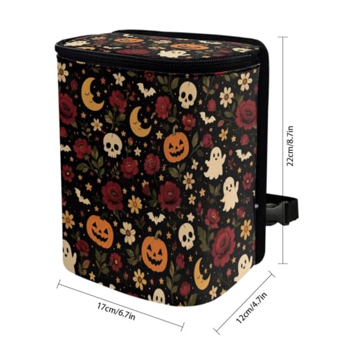 Image of Talayituse Skull Ghost Rose Moon Print Car Trash Can with Lid, Leak Proof Auto Trash Bag Hanging Vehicle Garbage Can Multipurpose Storage Container for Back Seat Road Trip Halloween Decor