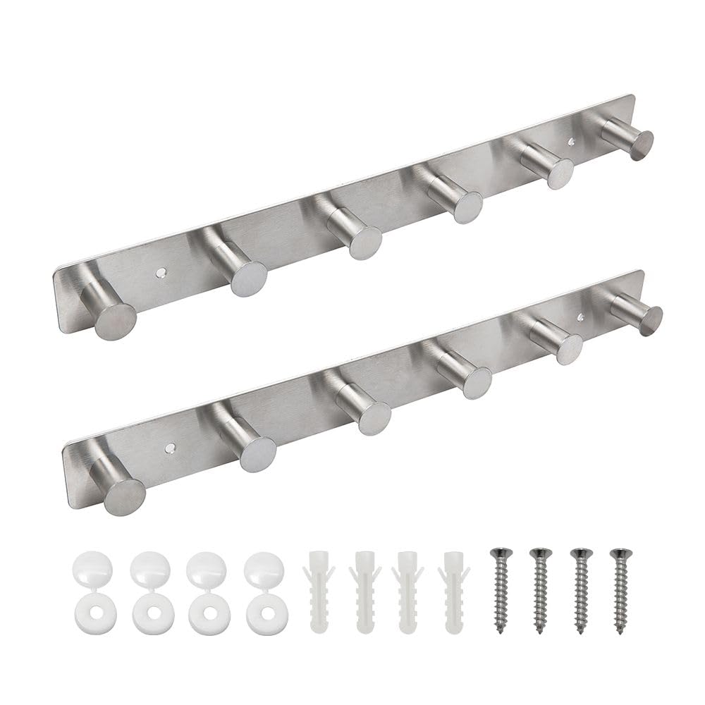 SYPEN Coat Hooks Wall Mounted, No-Drill Self Adhesive or Screw-in Coat Rack for Hallway & Bathroom, Heavy Duty Rustproof Metal Clothes Hooks with Anti-Tear Design, Holds 10kg, 2 Pack, Silver