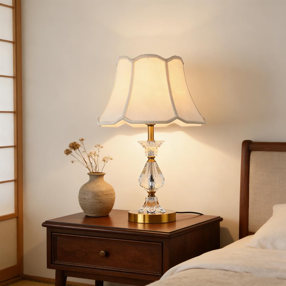 Lampara de noche, lampara de mesita de noche Blanco, E27 lampara para mesa con cristales y pantalla dorado, sobremesa Lámpara De Escritorio redondo pantalla dormitorio Sala De Estar Hotel estudio